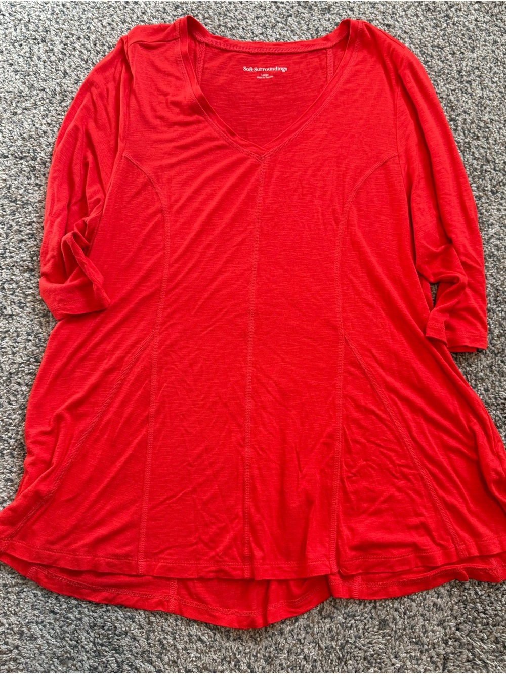Soft Surroundings Red Joan Vass Womens V Neck 3/4 Sleeve Tunic Top Rayon Blend L